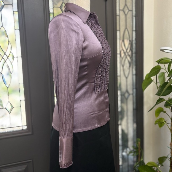Ashely Purple Silky Ruffle Placket & Cuff Trim Button Front Stretch Blouse - Picture 4 of 8